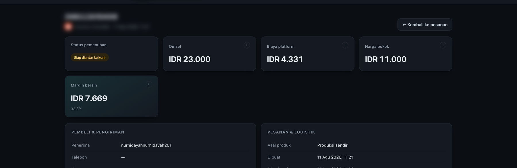 Rincian satu pesanan: omzet kotor, HPP, komisi platform, hingga nilai pencairan bersih