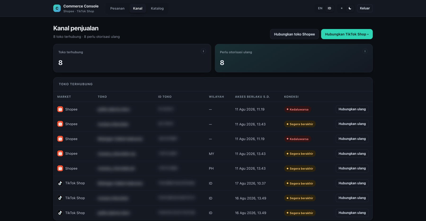 Halaman koneksi toko dengan otorisasi OAuth resmi dan status auto-refresh token